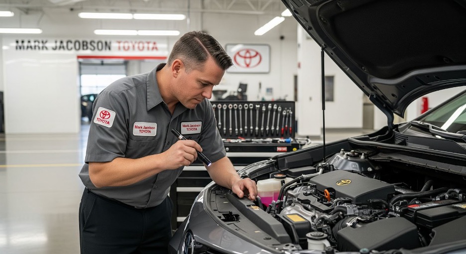 Toyota technician inspecting engine under the hood at Mark Jacobson Toyota service center in Durham, NC