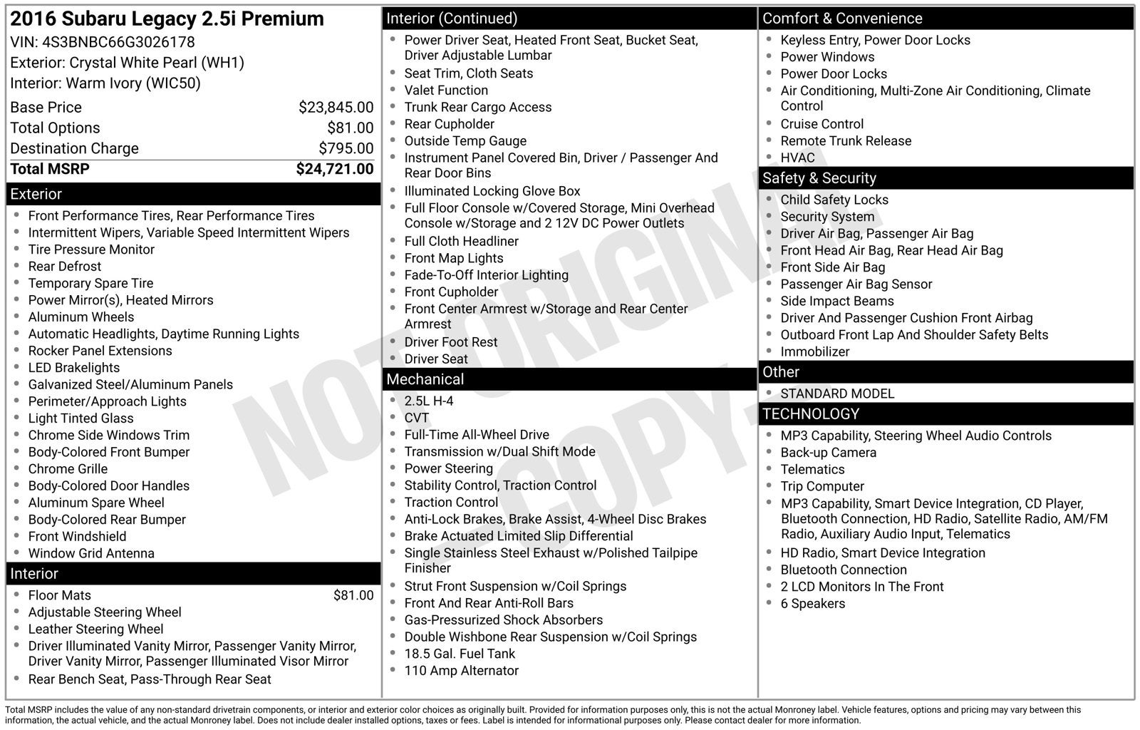 2016 Subaru Legacy 2.5i Premium