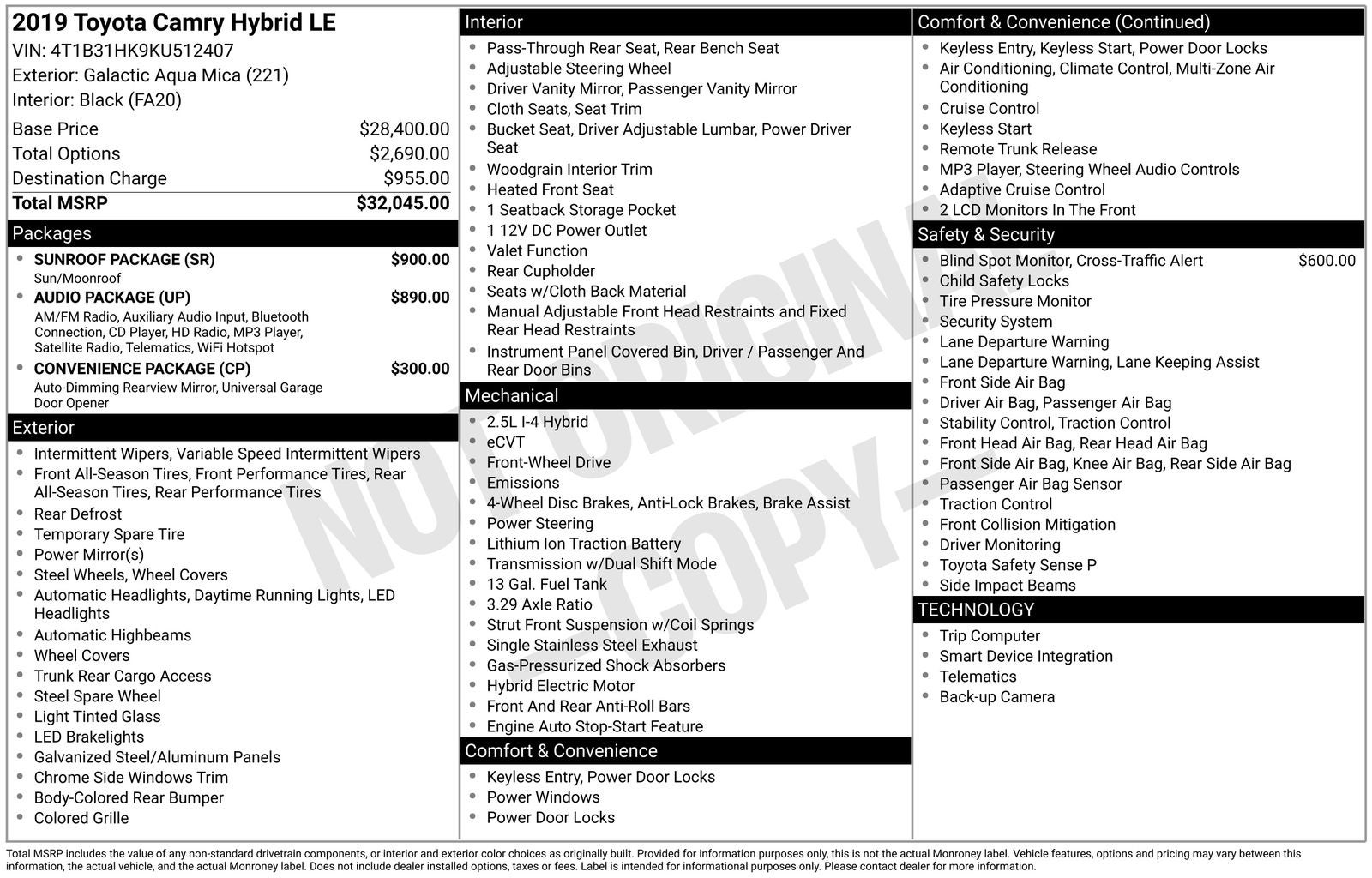 2019 Toyota Camry Hybrid LE