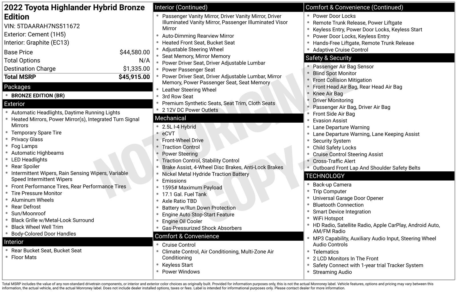 2022 Toyota Highlander Hybrid Bronze Edition