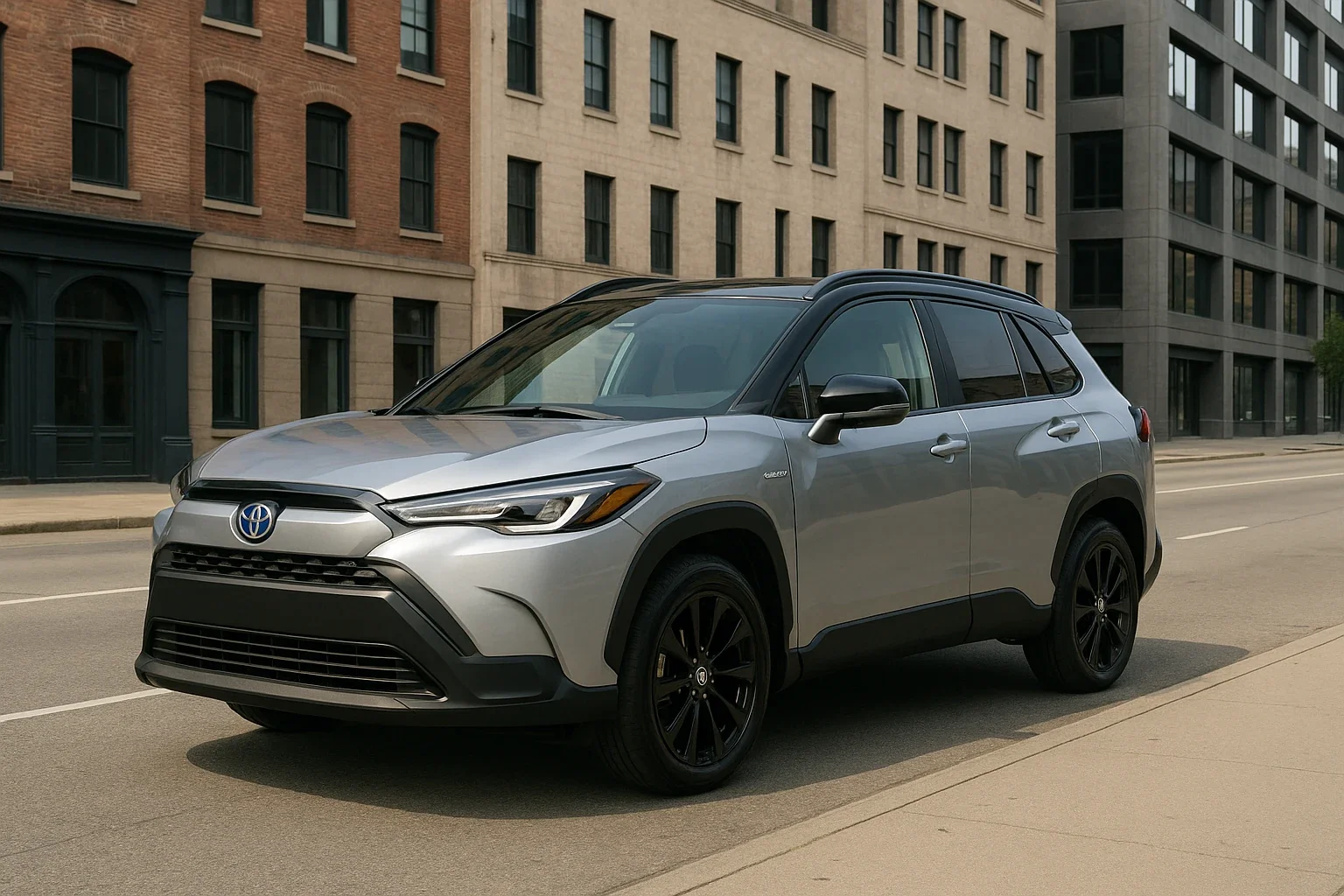 2025 Toyota Corolla Cross Hybrid parked on a quiet urban street in Durham, showcasing its modern exterior design, silver finish, black wheels, and compact SUV profile.
