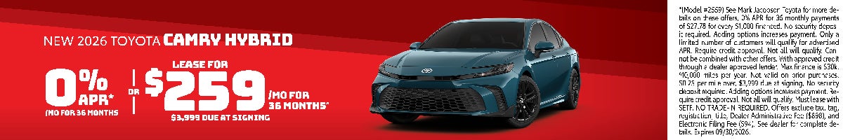 2026 Toyota Camry Hybrid Lease and APR Offer banner